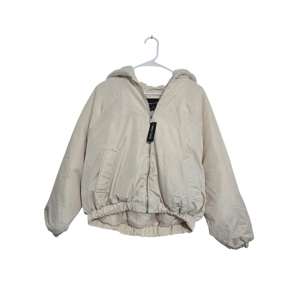 NEW LOOK Off White Faux Fur Hood Puffer Coat Size Small